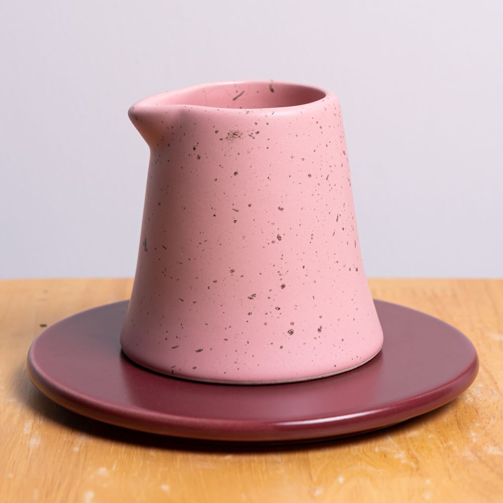 Conjunto Vaso Decorativo Rosa com Pinguinhos Terrosos & Prato Cerâmico